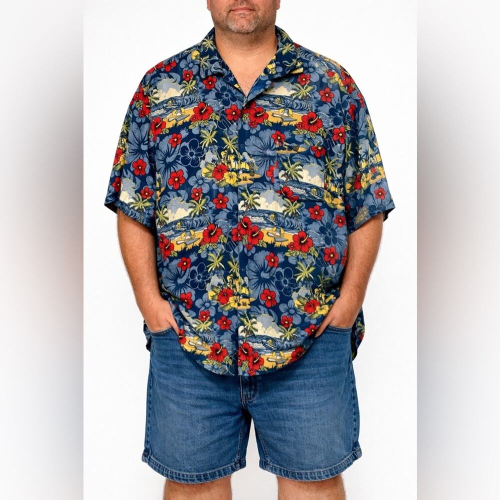Disney Parks Hawaiian Floral Mickey Shirt Red & Blue - Size XL
